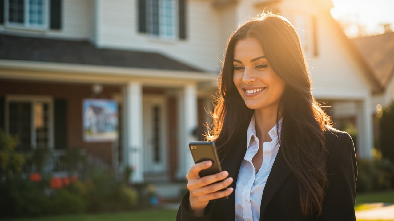 Real estate agent reviewing listing on phone in front of home